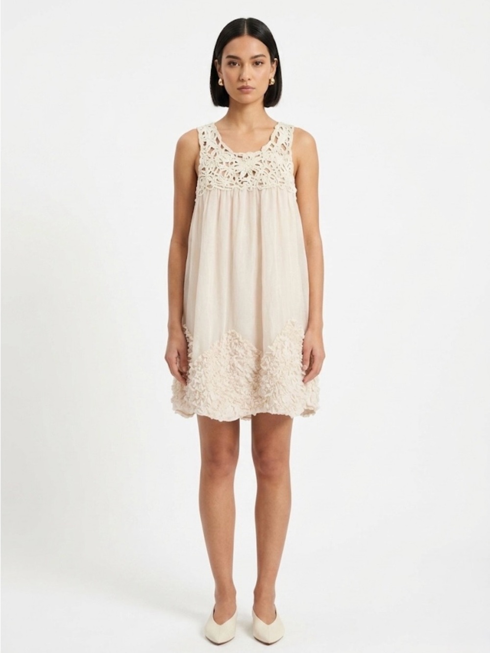NWT Vico Women’s Cream Sleeveless Dress Crochet Yoke & Ruffle Hem Size S-M